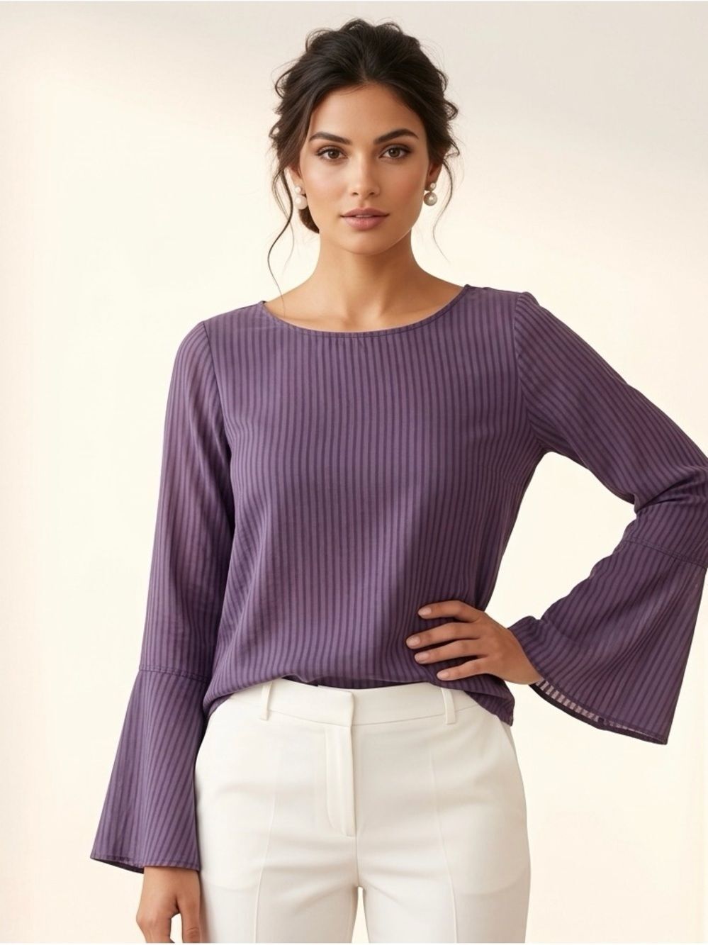 ANTHROPOLOGIE CLOTH & STONE Stripped Long Bell Sleeve Semi-Sheer Blouse Size M
